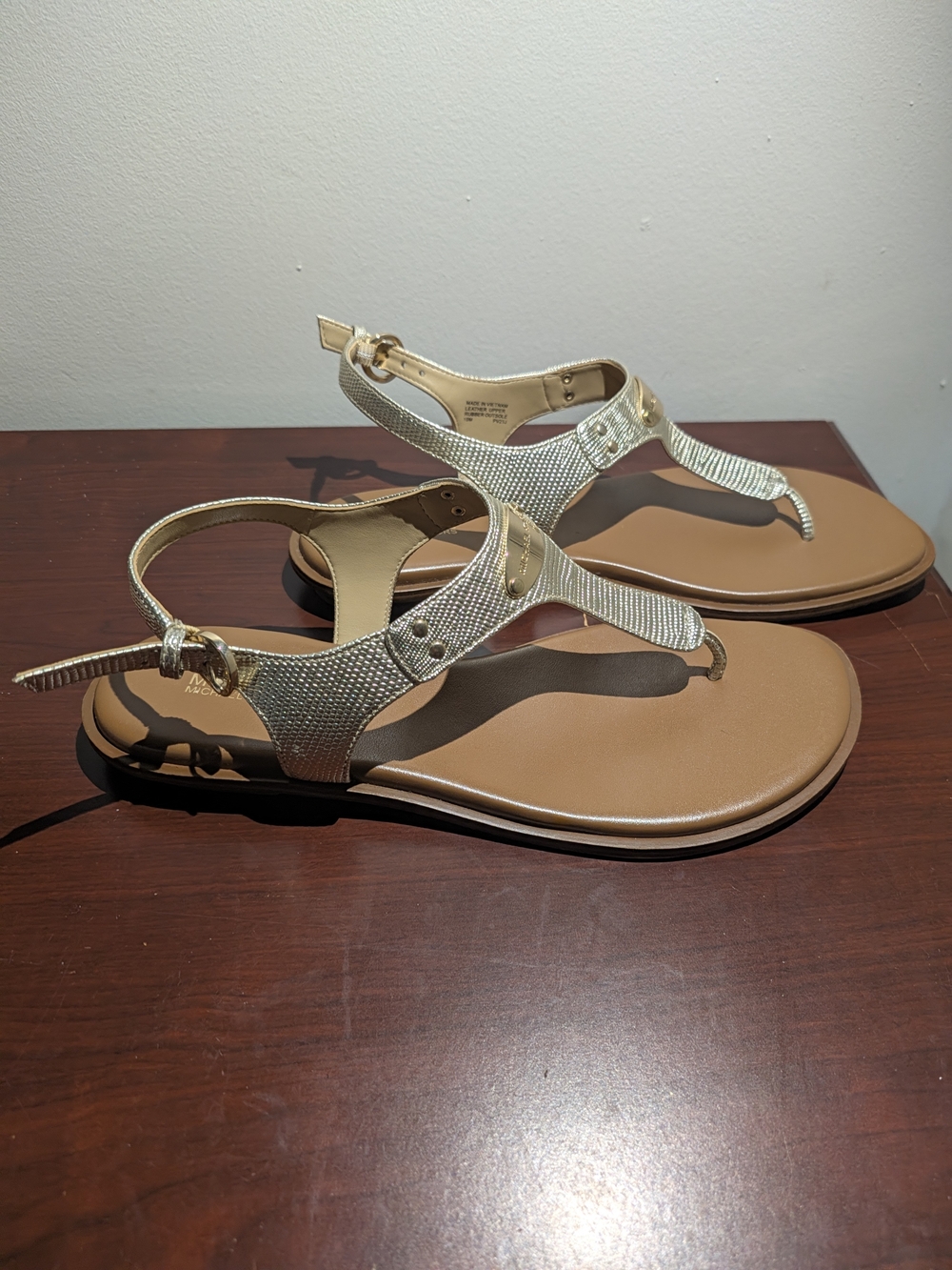 Michael Kors Gold T-Strap Sandals with Buckle
